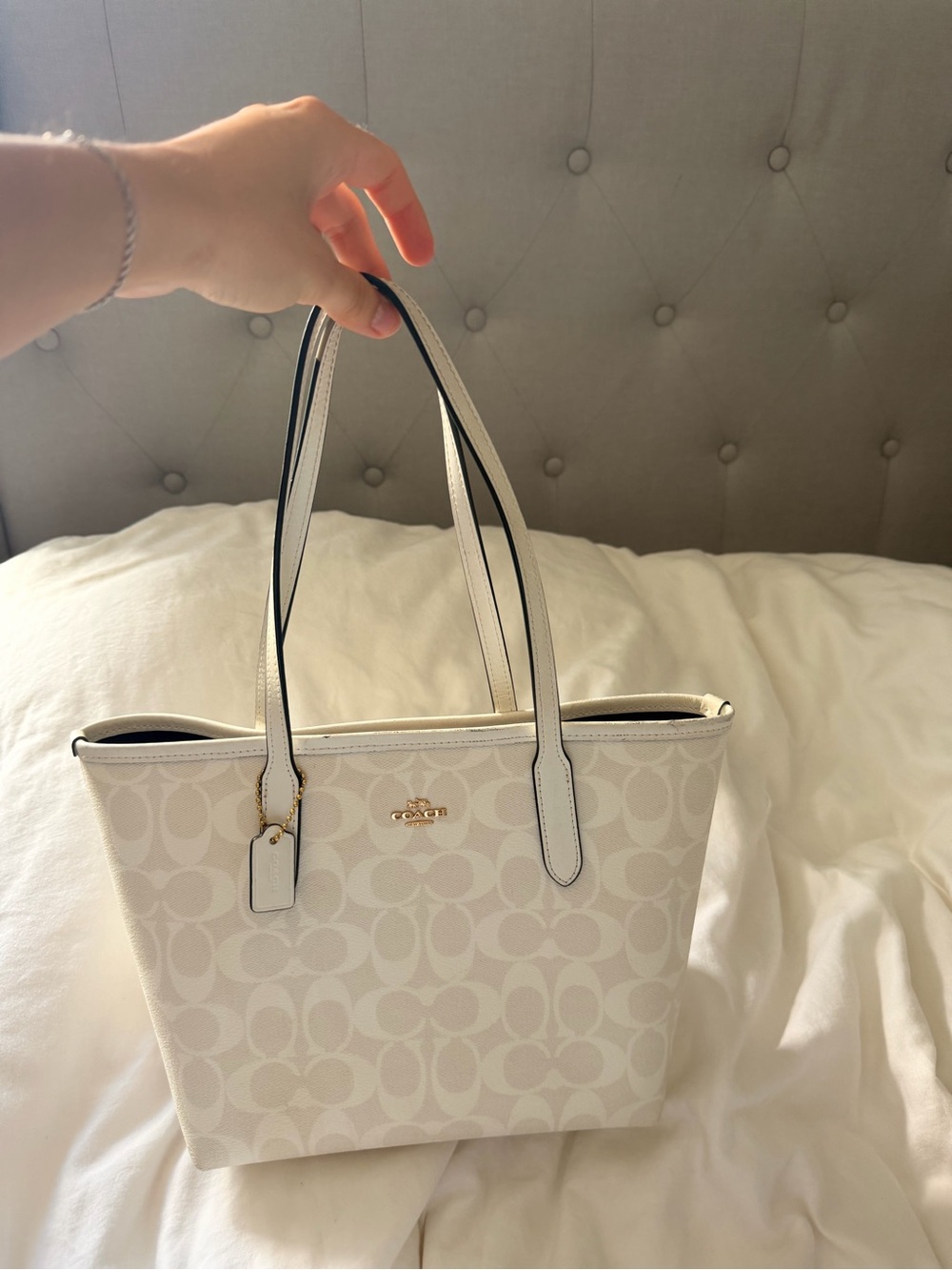 Coach Cream Signature Canvas Tote with Gold Hardware